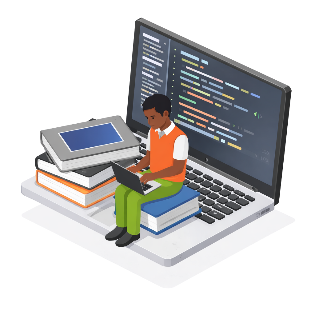 Student learning with laptop and books